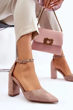 Zamszowe Czółenka Na Słupku Ciemnobeżowe Lexie