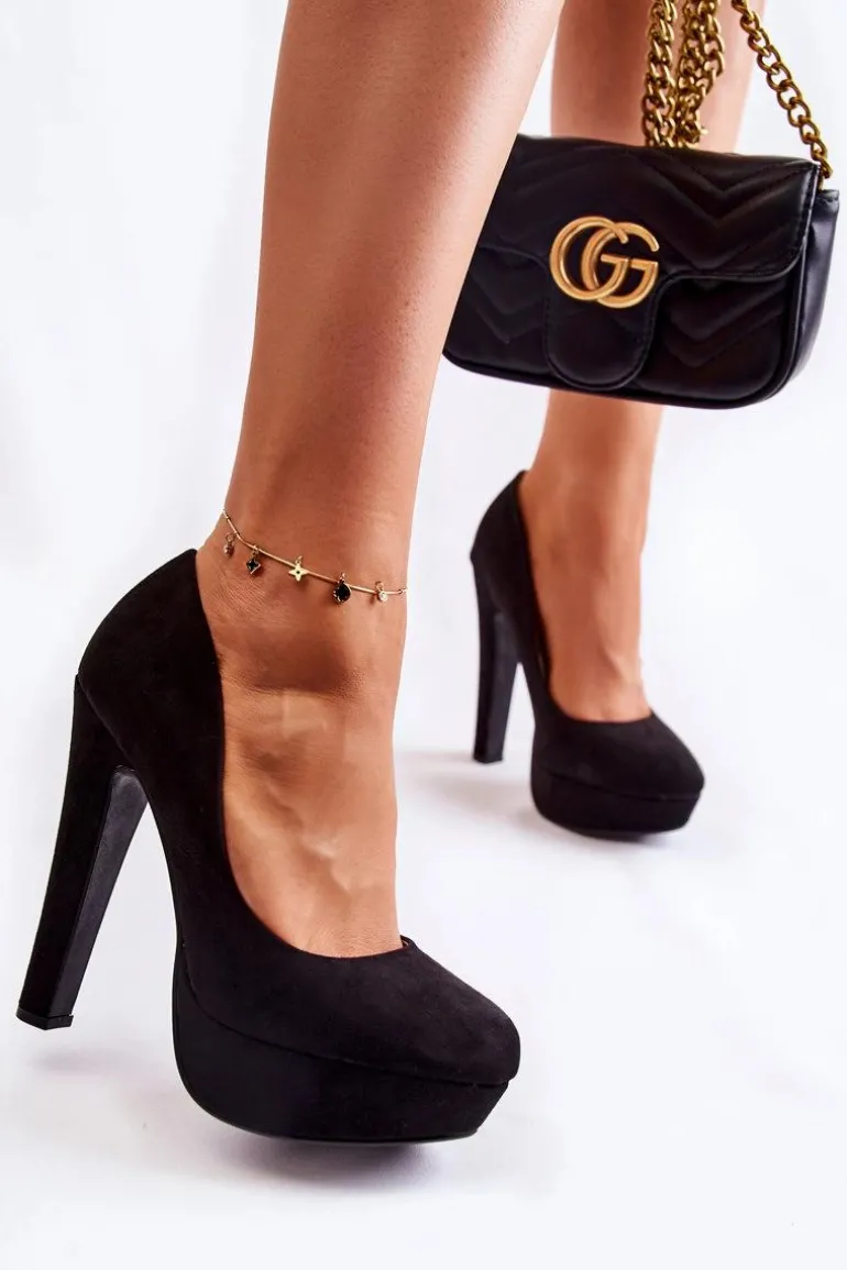 Zamszowe Czółenka Na Wysokim Obcasie Czarne Santene