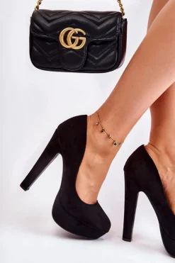 Zamszowe Czółenka Na Wysokim Obcasie Czarne Santene