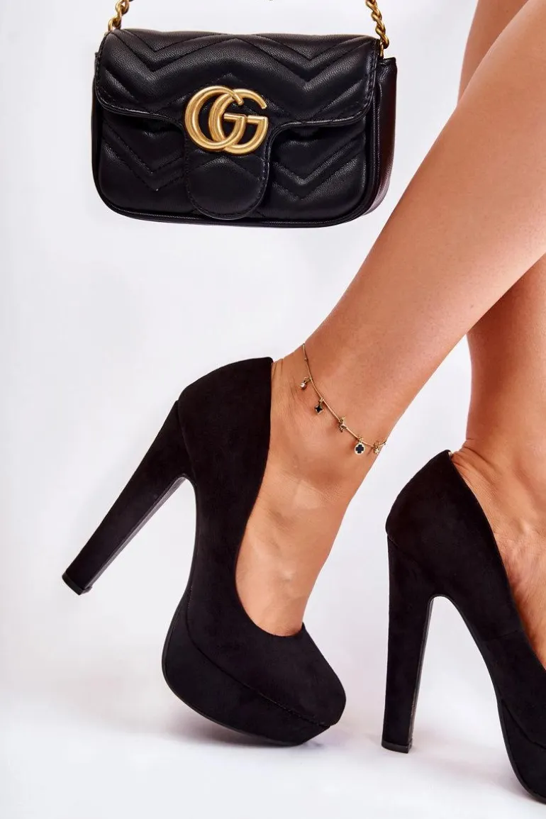 Zamszowe Czółenka Na Wysokim Obcasie Czarne Santene