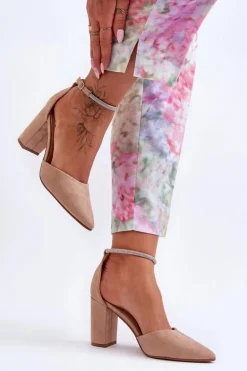 Zamszowe Czółenka Z Cyrkoniami Ciemnobeżowe Diamond