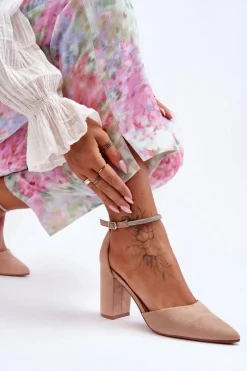 Zamszowe Czółenka Z Cyrkoniami Ciemnobeżowe Diamond