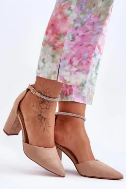 Zamszowe Czółenka Z Cyrkoniami Ciemnobeżowe Diamond