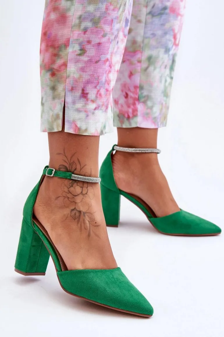 Zamszowe Czółenka Z Cyrkoniami Zielone Diamond