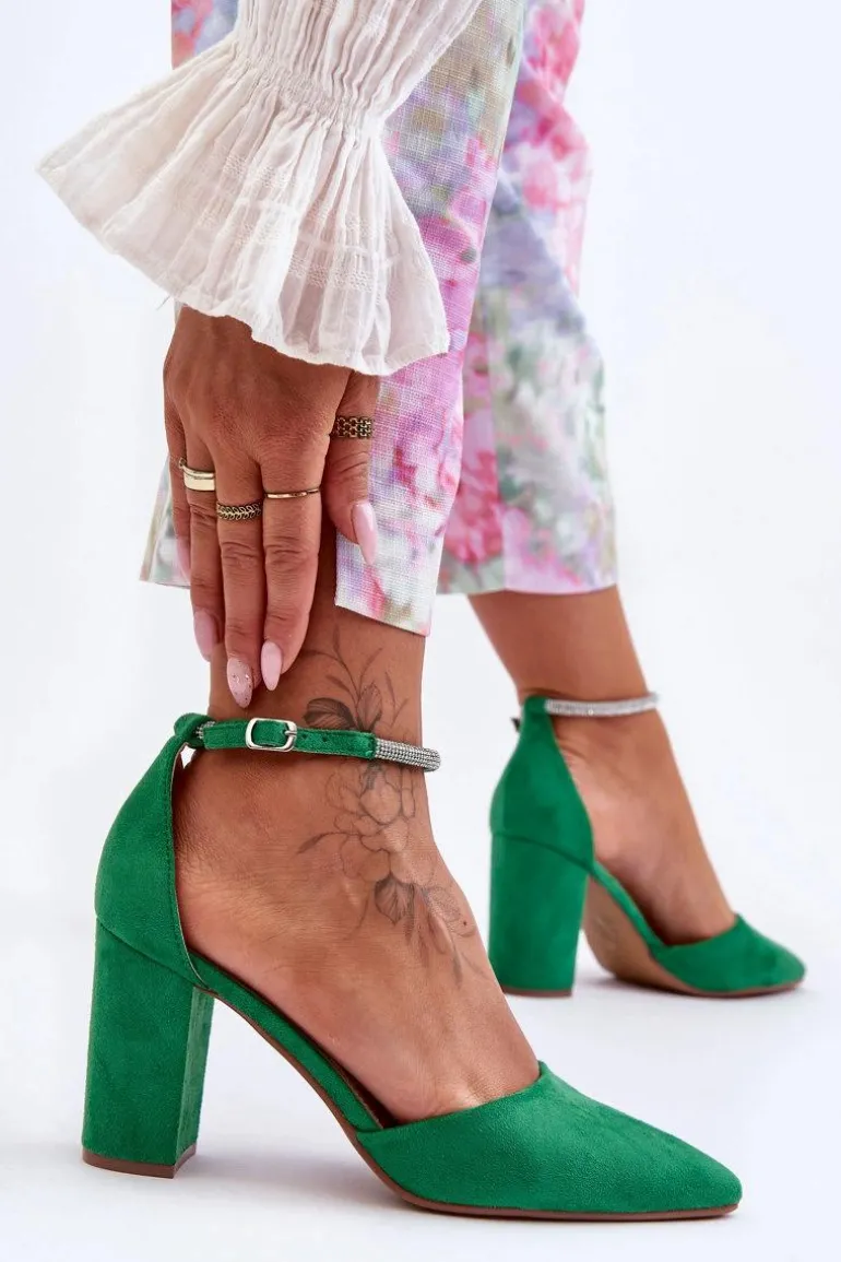 Zamszowe Czółenka Z Cyrkoniami Zielone Diamond