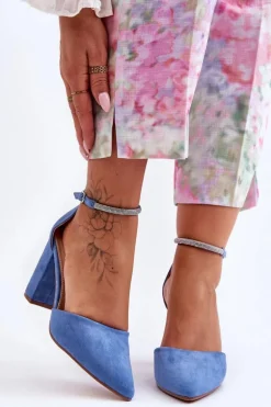 Zamszowe Czółenka Z Cyrkoniami Niebieskie Diamond