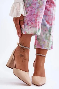 Zamszowe Czółenka Z Cyrkoniami Beżowe Diamond