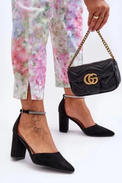 Zamszowe Czółenka Z Cyrkoniami Czarne Diamond