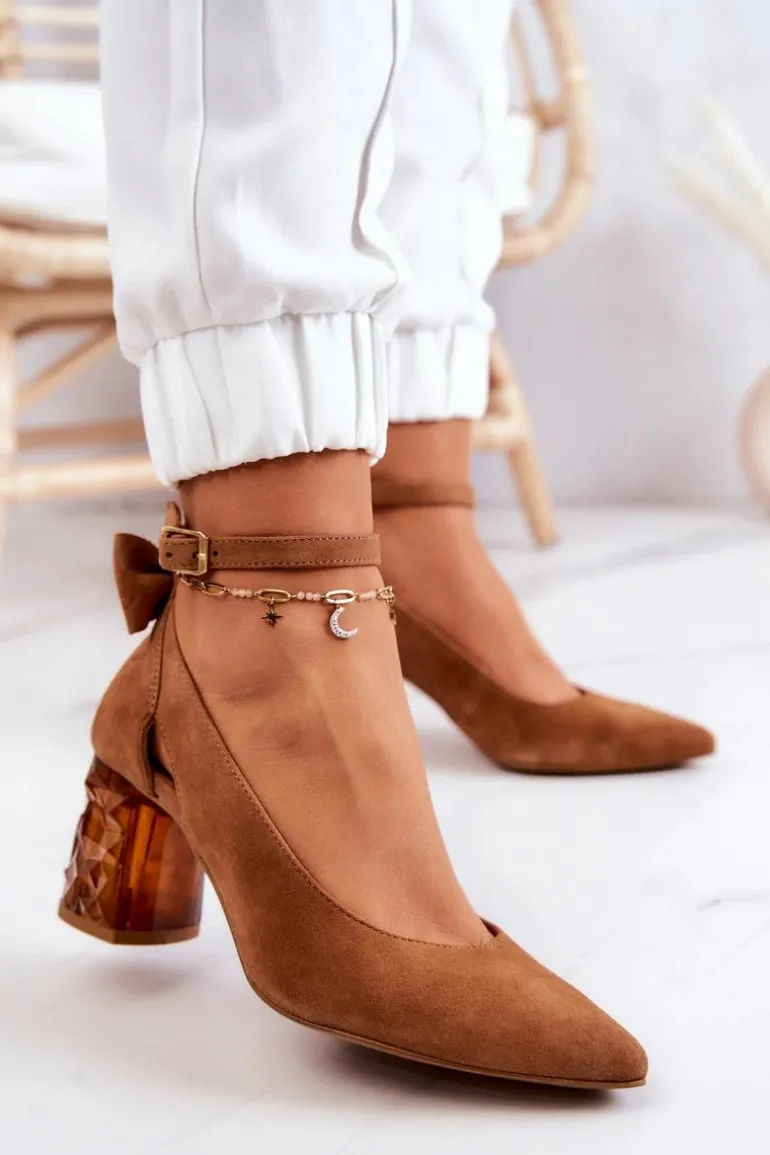 Zamszowe Czółenka Z Kokardką Maciejka 05059-29 Brązowe