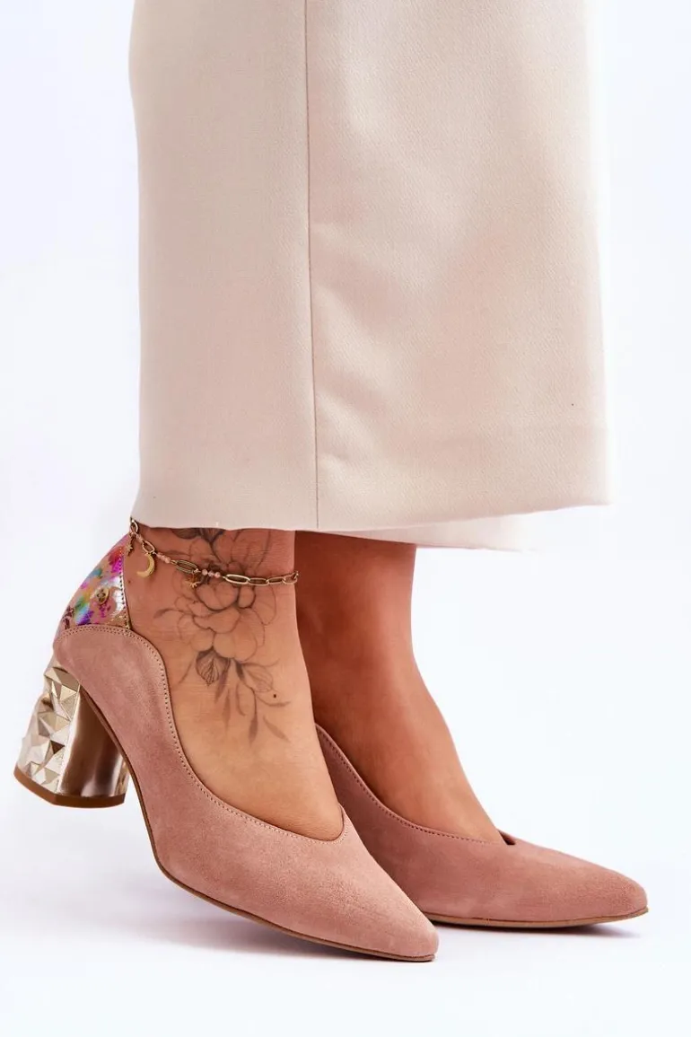 Zamszowe Czółenka Z Ozdobnym Obcasem Maciejka 05042-15 Różowe