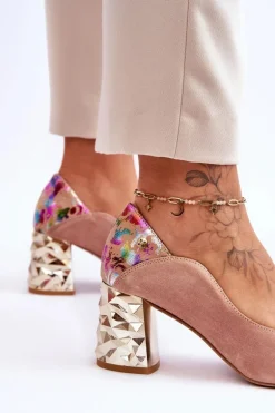 Zamszowe Czółenka Z Ozdobnym Obcasem Maciejka 05042-15 Różowe