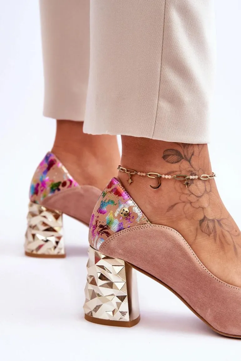 Zamszowe Czółenka Z Ozdobnym Obcasem Maciejka 05042-15 Różowe