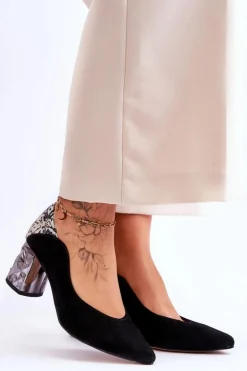 Zamszowe Czółenka Z Ozdobnym Obcasem Maciejka 05042-43 Czarne