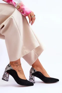 Zamszowe Czółenka Z Ozdobnym Obcasem Maciejka 05042-43 Czarne