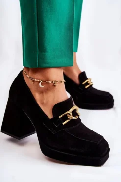 Zamszowe Czółenka Z Ozdobnym Łańcuchem Laura Messi 2444 Czarne