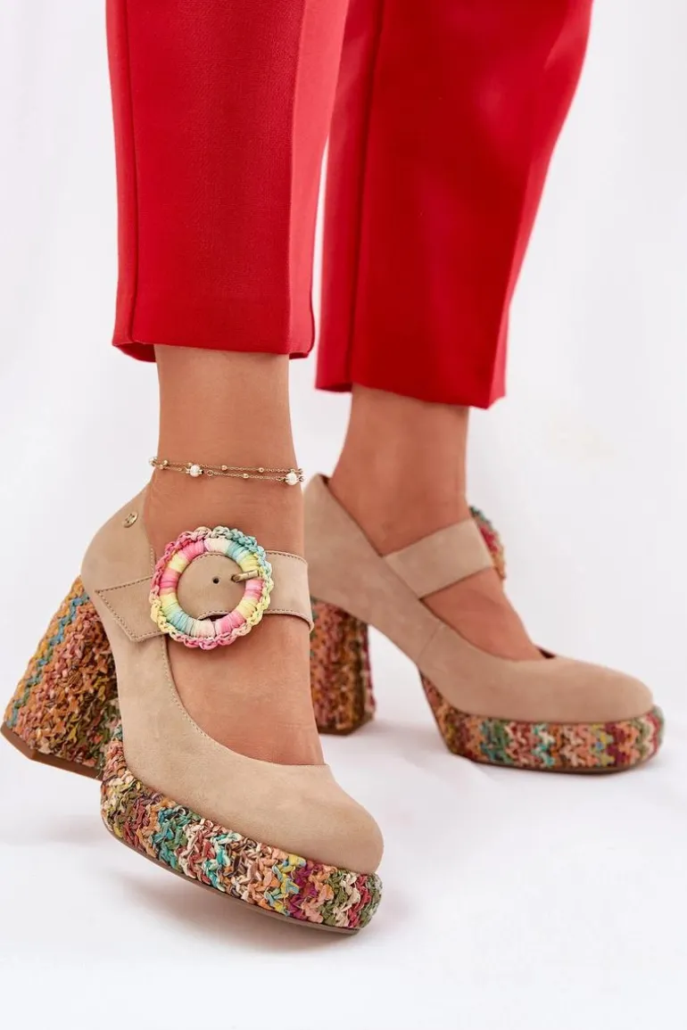 Zamszowe Czółenka Z Plecionką Na Słupku I Platformie Maciejka 06839-04 Beżowe