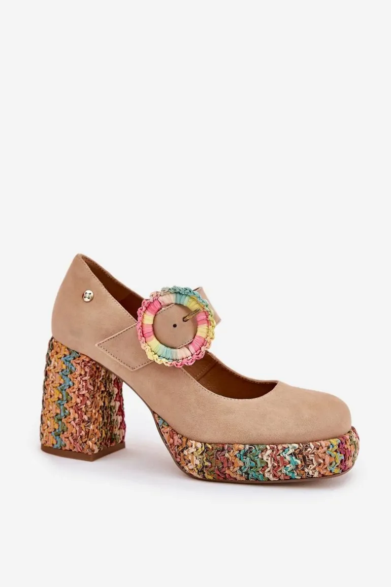 Zamszowe Czółenka Z Plecionką Na Słupku I Platformie Maciejka 06839-04 Beżowe