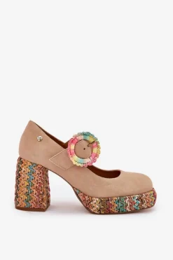 Zamszowe Czółenka Z Plecionką Na Słupku I Platformie Maciejka 06839-04 Beżowe