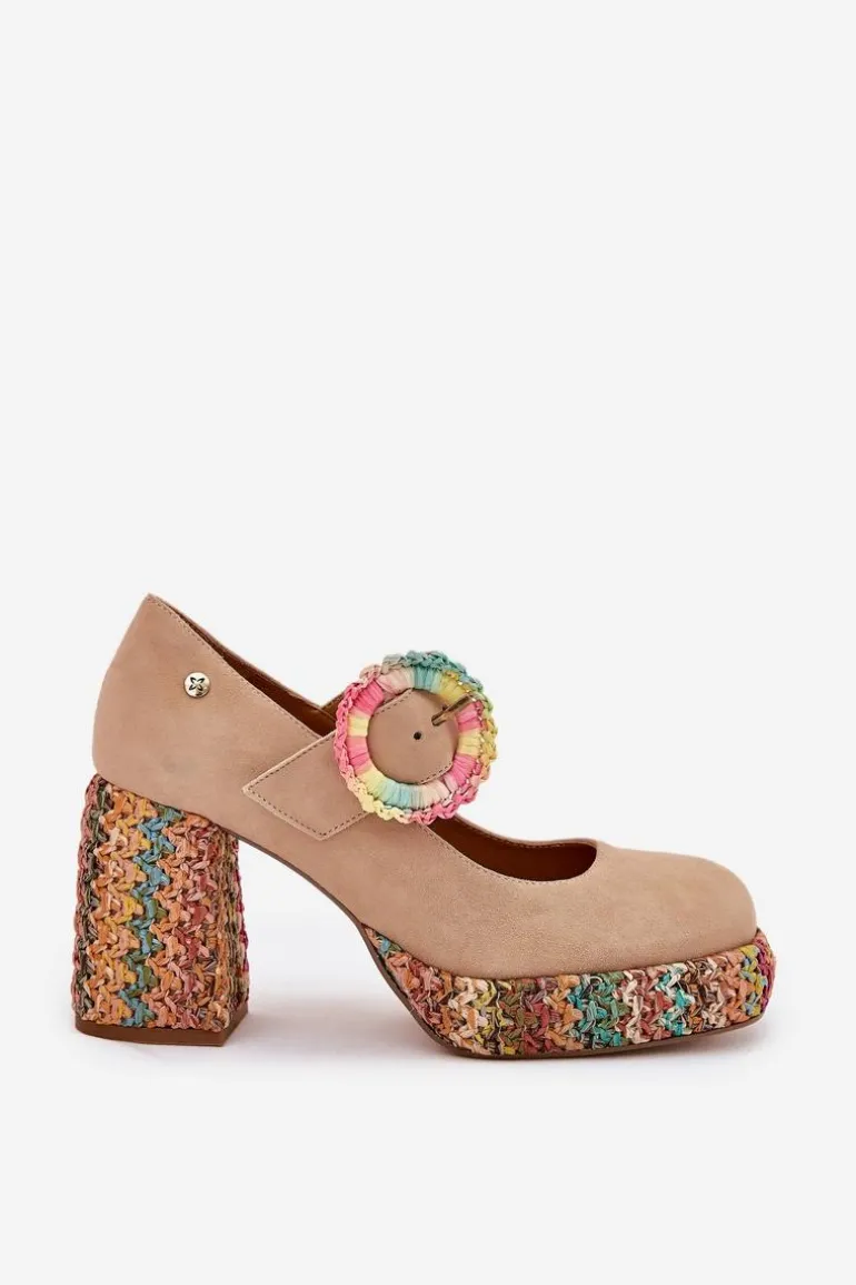 Zamszowe Czółenka Z Plecionką Na Słupku I Platformie Maciejka 06839-04 Beżowe