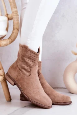 Zamszowe Damskie Ażurowe Botki Beżowe Lemar