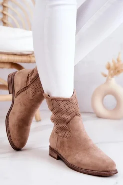 Zamszowe Damskie Ażurowe Botki Beżowe Lemar