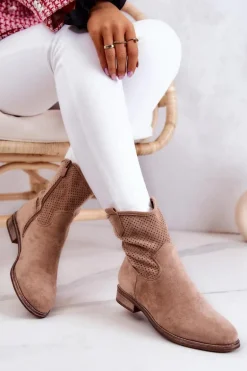 Zamszowe Damskie Ażurowe Botki Beżowe Lemar