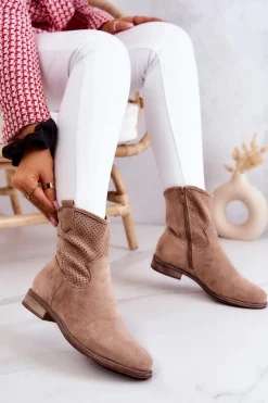 Zamszowe Damskie Ażurowe Botki Beżowe Lemar