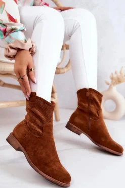 Zamszowe Damskie Ażurowe Botki Camel Lemar