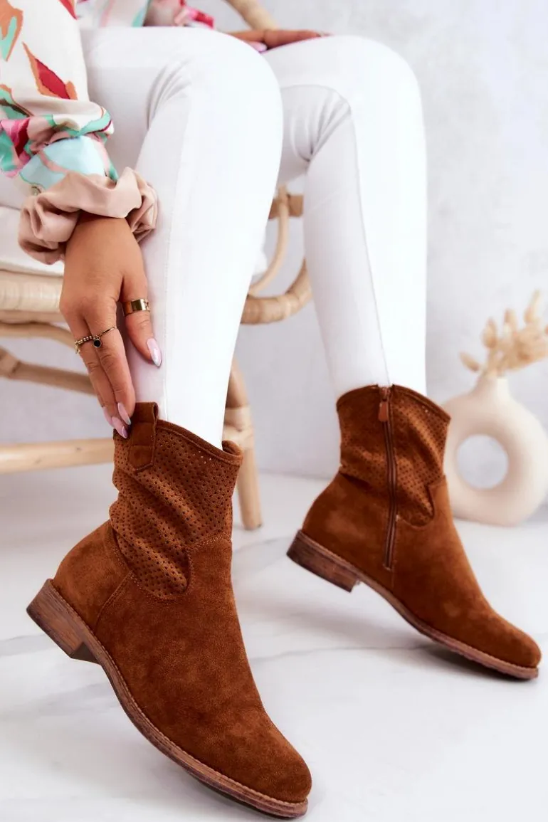 Zamszowe Damskie Ażurowe Botki Camel Lemar