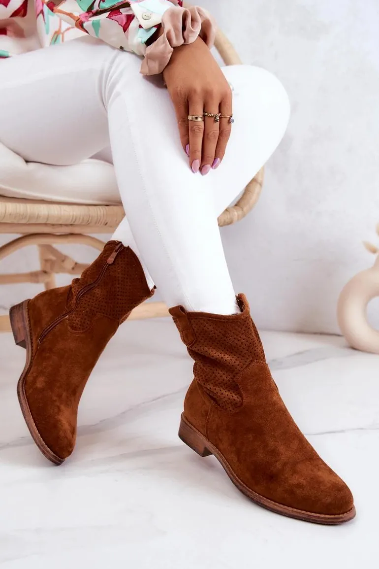 Zamszowe Damskie Ażurowe Botki Camel Lemar