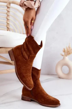 Zamszowe Damskie Ażurowe Botki Camel Lemar