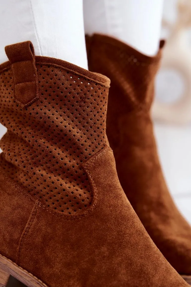 Zamszowe Damskie Ażurowe Botki Camel Lemar