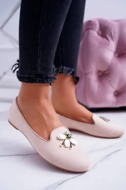 Zamszowe Damskie Balerinki Lordsy Beż Veni