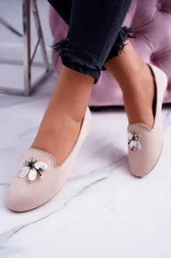 Zamszowe Damskie Balerinki Lordsy Beż Veni