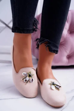 Zamszowe Damskie Balerinki Lordsy Beż Veni