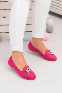 Zamszowe Damskie Balerinki Lordsy Fuksja Veni