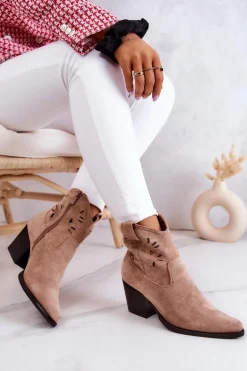 Zamszowe Damskie Botki Kowbojki Beżowe Devon