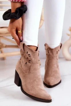 Zamszowe Damskie Botki Kowbojki Beżowe Devon