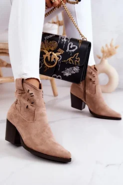 Zamszowe Damskie Botki Kowbojki Beżowe Devon