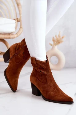 Zamszowe Damskie Botki Kowbojki Camel Devon
