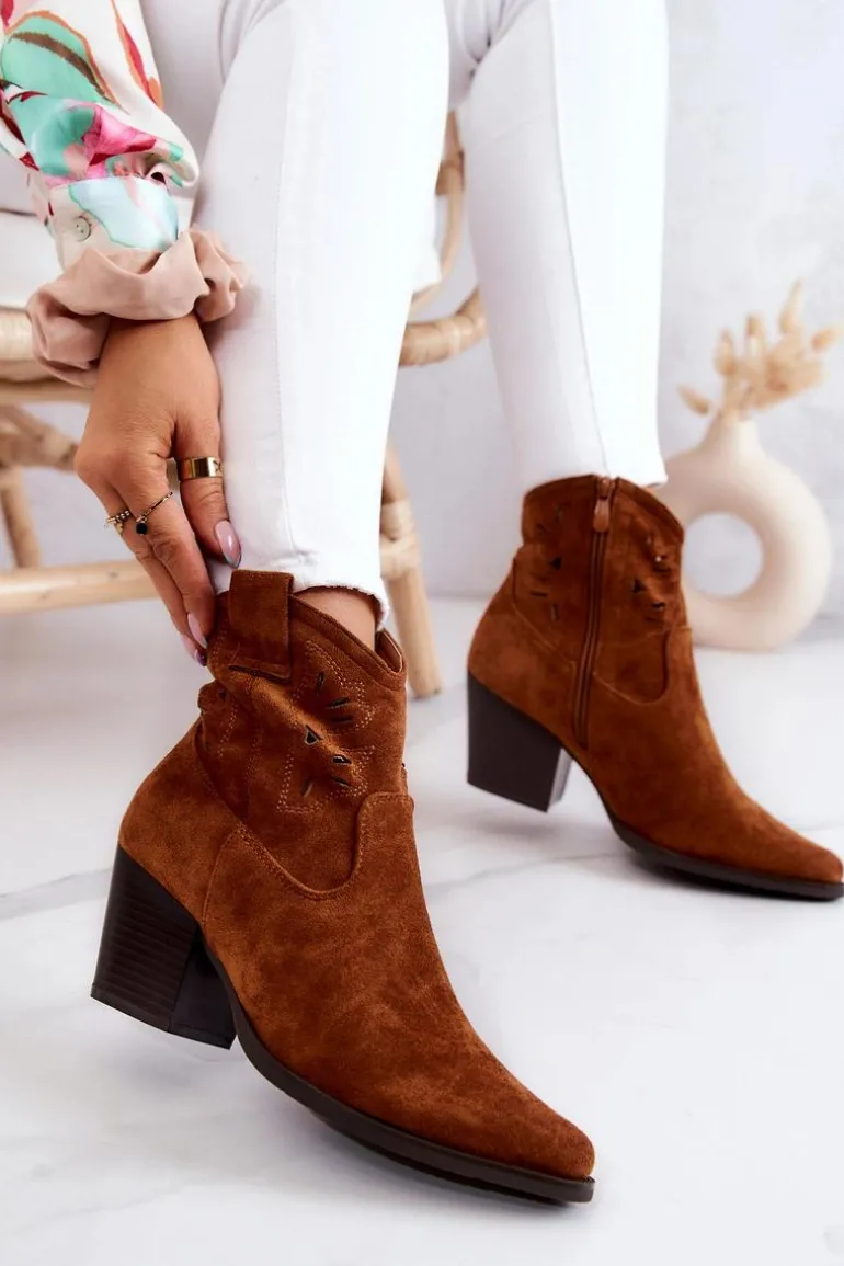 Zamszowe Damskie Botki Kowbojki Camel Devon