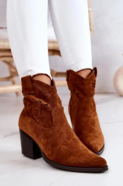 Zamszowe Damskie Botki Kowbojki Camel Devon