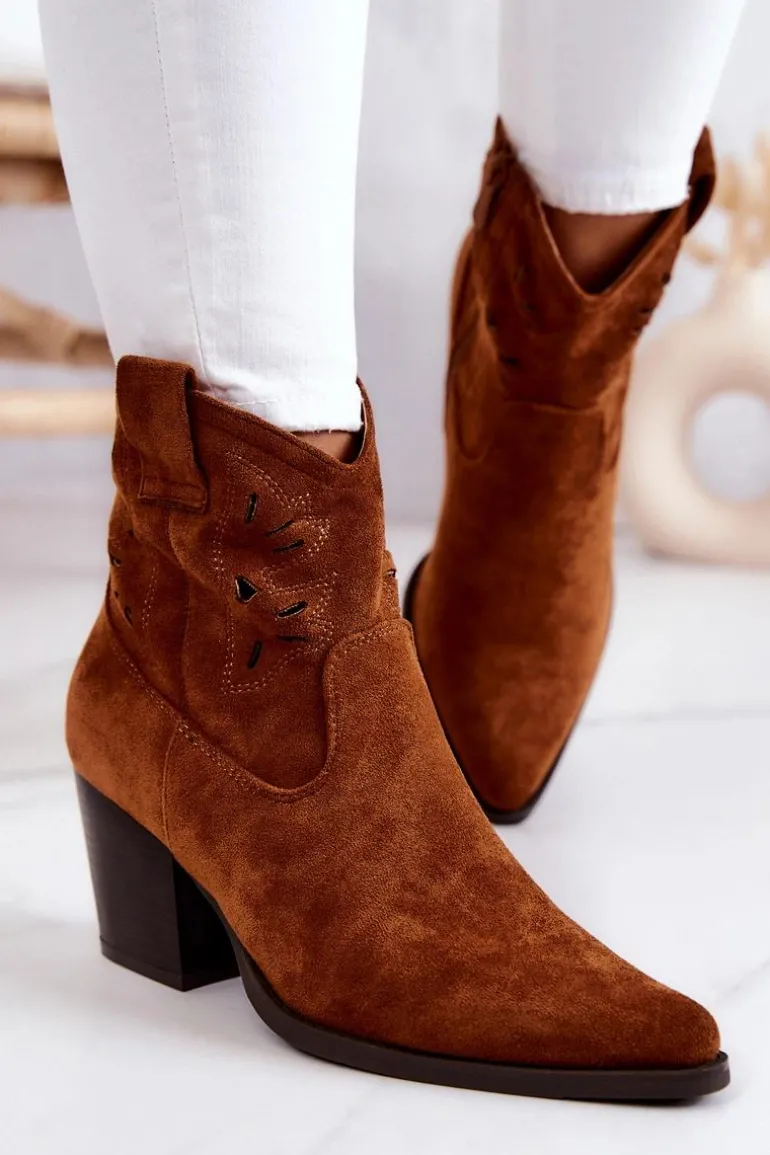 Zamszowe Damskie Botki Kowbojki Camel Devon