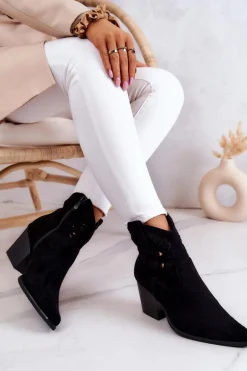 Zamszowe Damskie Botki Kowbojki Czarne Devon