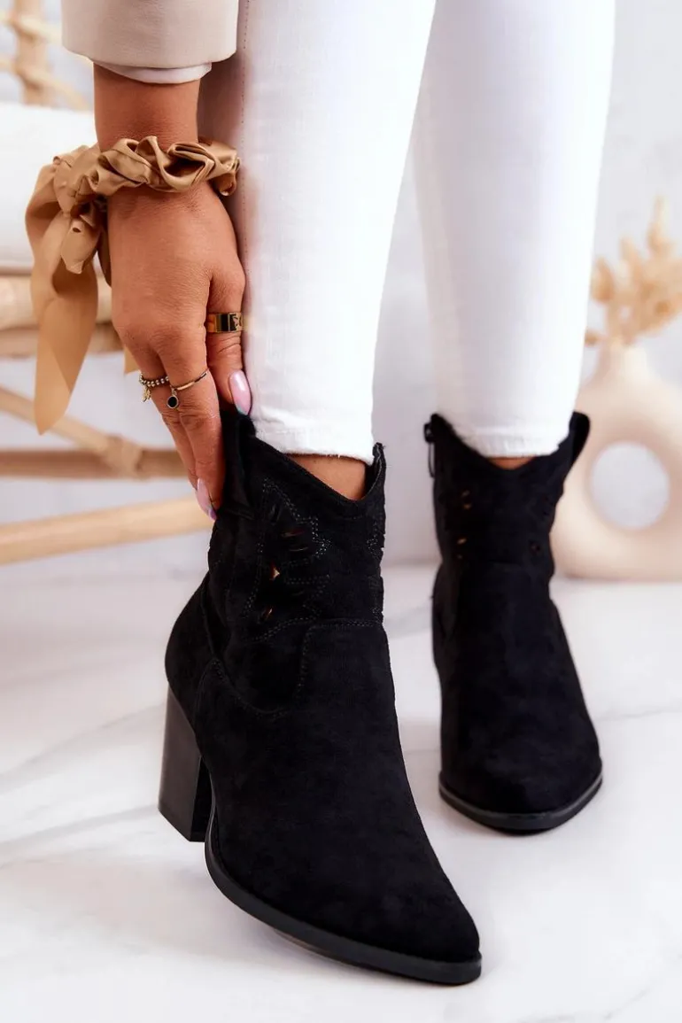 Zamszowe Damskie Botki Kowbojki Czarne Devon