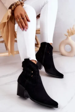 Zamszowe Damskie Botki Kowbojki Czarne Devon