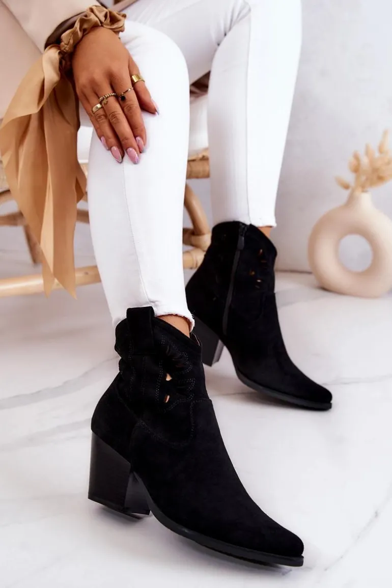 Zamszowe Damskie Botki Kowbojki Czarne Devon