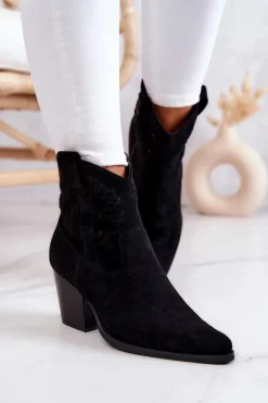 Zamszowe Damskie Botki Kowbojki Czarne Devon