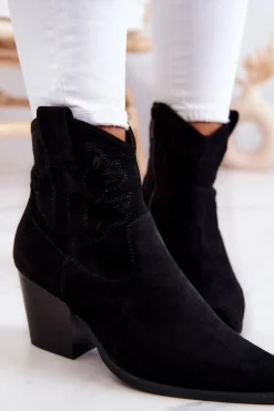 Zamszowe Damskie Botki Kowbojki Czarne Devon