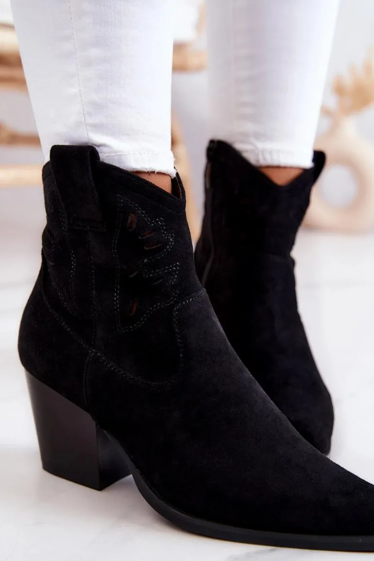 Zamszowe Damskie Botki Kowbojki Czarne Devon